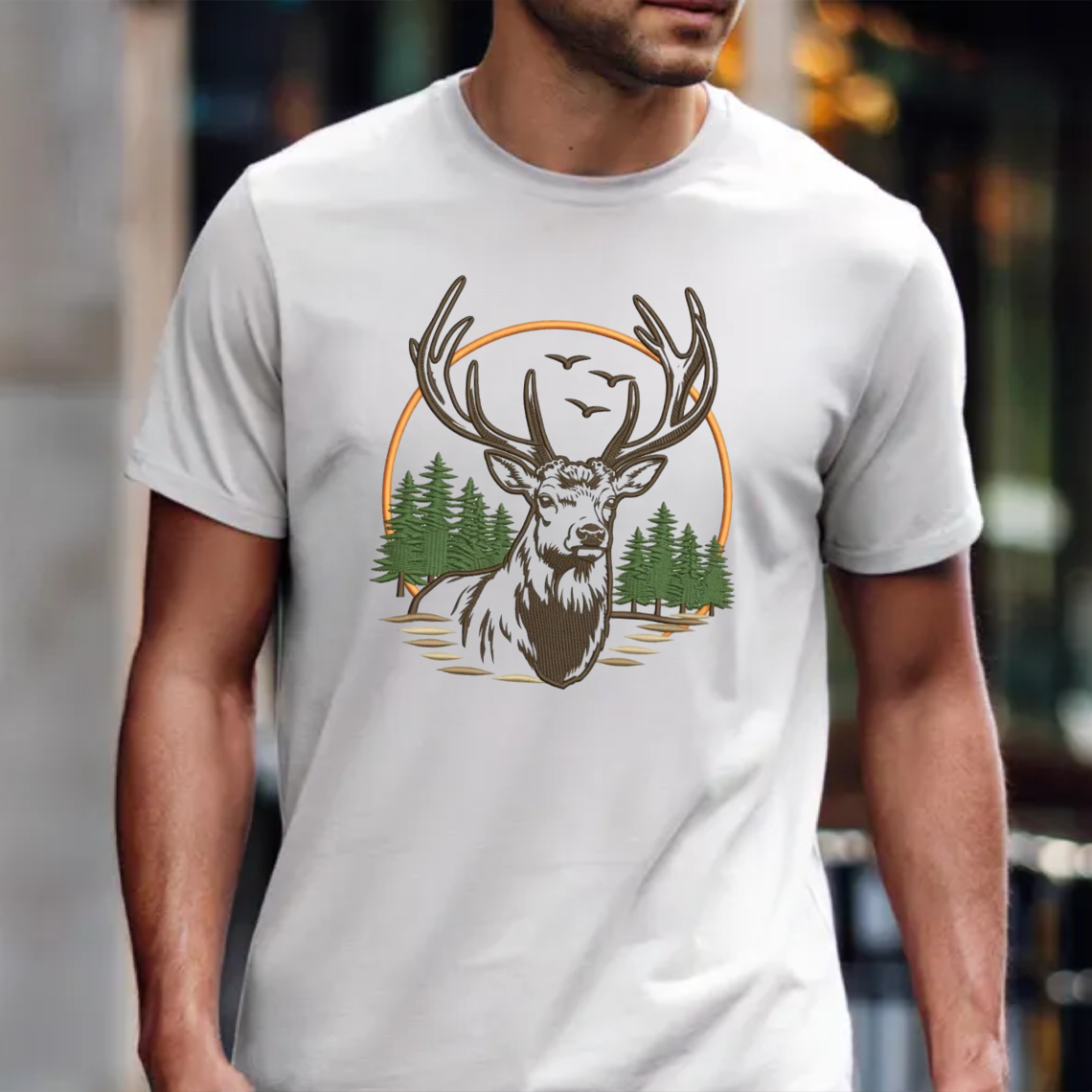Deer Embroidery T-Shirt, Hunting Buck Graphic Tee, Outdoor Wildlife Embroidered Shirt Gift