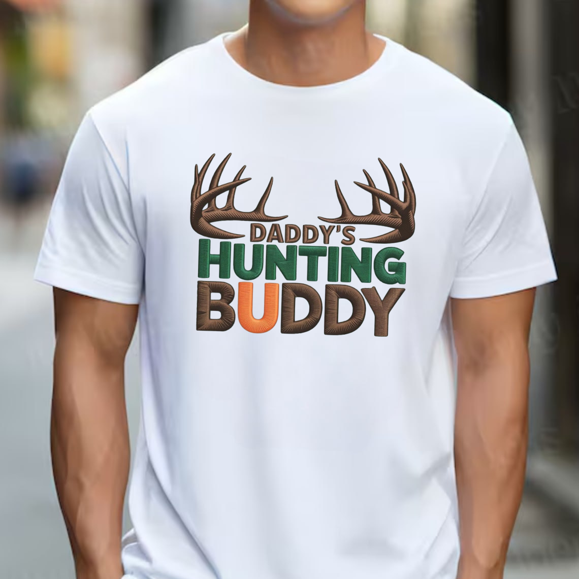 Daddy’s Hunting Buddy Embroidery T-Shirt, Deer Antler Hunting Graphic Tee, Outdoor Hunter Shirt Gift