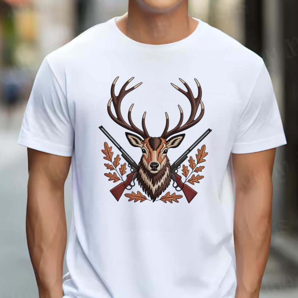 Deer Hunting Embroidery T-Shirt, Buck Head with Rifles Outdoor Hunter Graphic Tee, Wildlife Embroidered Shirt Gift