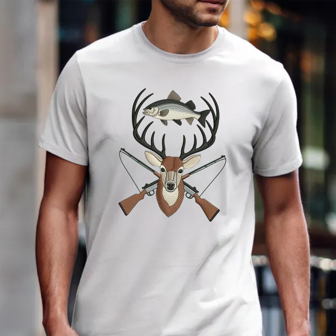 Deer and Fish Embroidery T-Shirt, Hunting and Fishing Graphic Tee, Wildlife Embroidered Shirt Gift