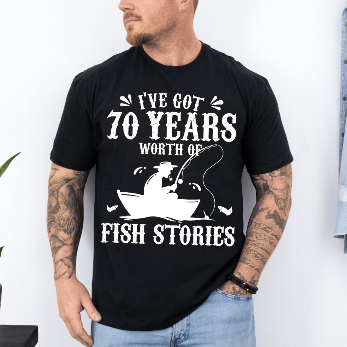 70 Years Worth of Fish Stories T-Shirt, Funny 70th Birthday Fishing Shirt, Fisherman Grandpa Gift Tee