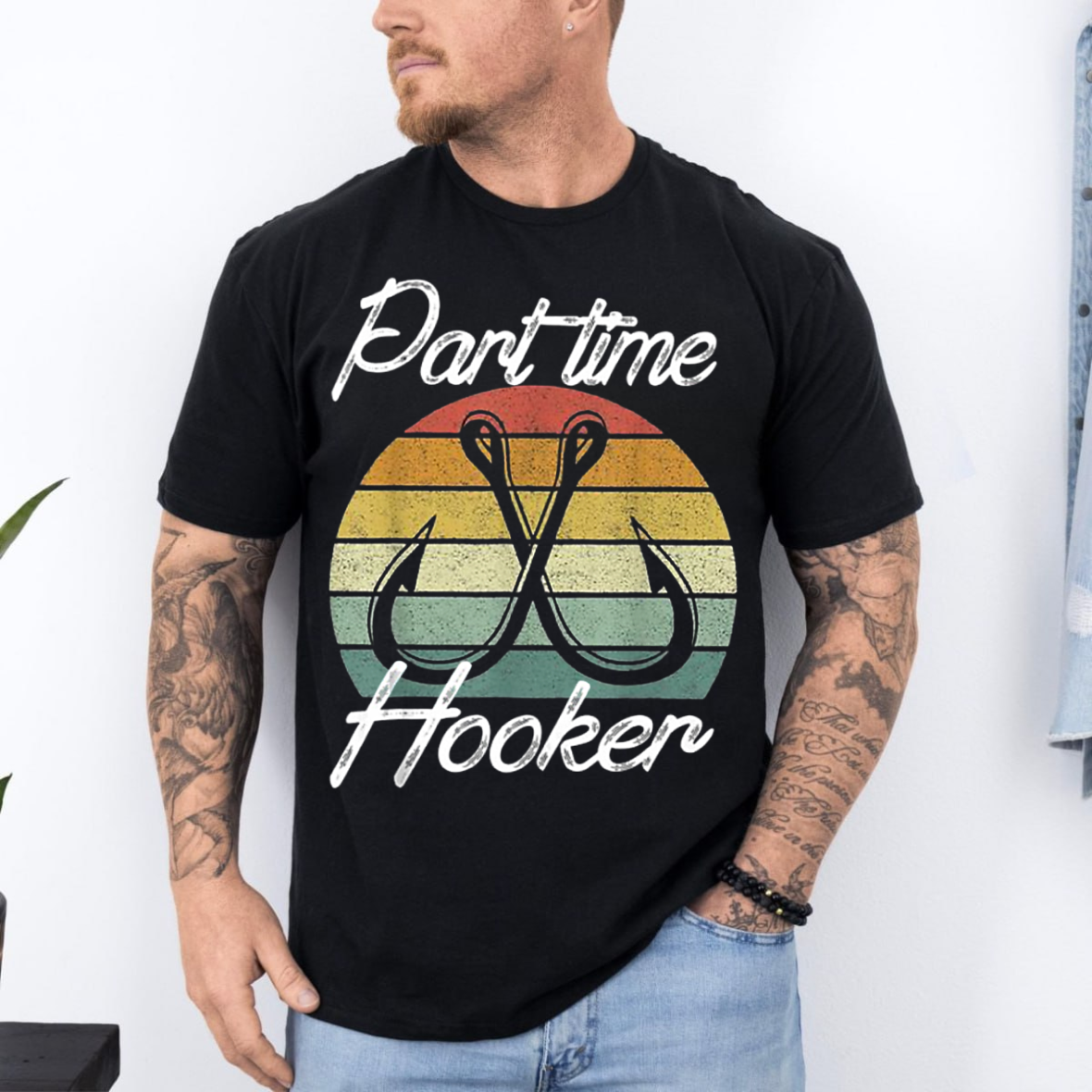 Part Time Hooker T-Shirt, Funny Fishing Shirt with Hooks Design, Retro Vintage Fisherman Tee