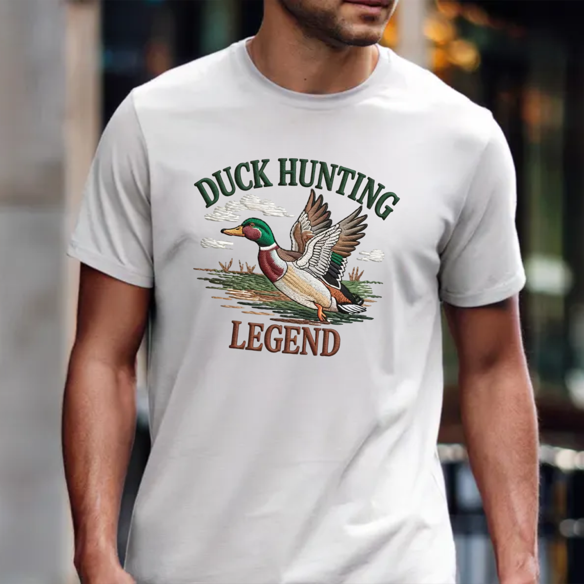 Duck Hunting Legend Embroidery T-Shirt, Waterfowl Hunting Graphic Tee for Men, Outdoor Hunter Embroidered Shirt Gift