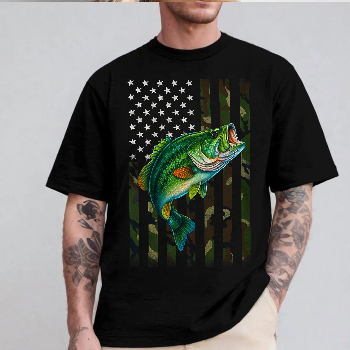 American Flag Camo Fishing T-Shirt, Patriotic Bass Fish Shirt, USA Angler Tee