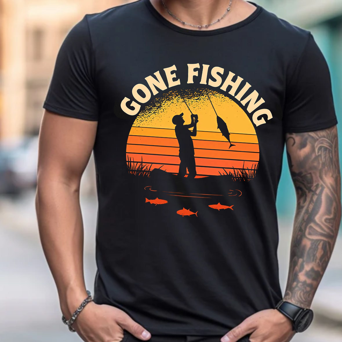 Gone Fishing T-Shirt, Retro Sunset Fisherman Shirt, Vintage Fishing Graphic Tee