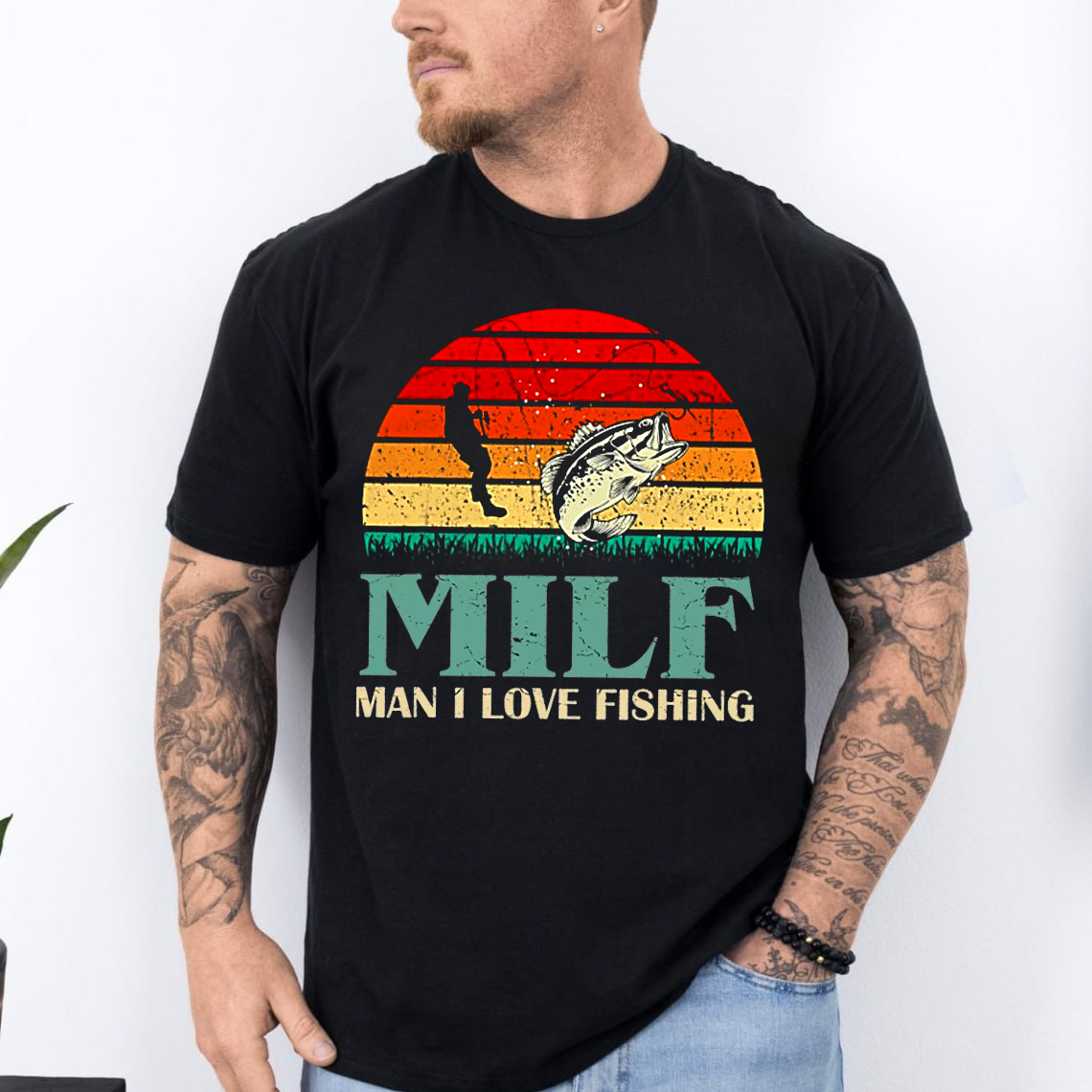 MILF Man I Love Fishing T-Shirt, Funny Bass Fishing Shirt, Retro Sunset Angler Tee, Fisherman Gift Idea