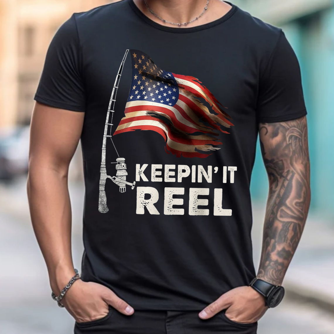 Keepin’ It Reel Fishing Shirt, American Flag Patriotic Funny Fisher T-Shirt Gift