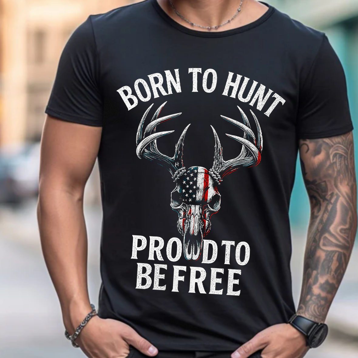 Born to Hunt Proud to Be Free T-Shirt, Patriotic Deer Skull Hunting Shirt with American Flag