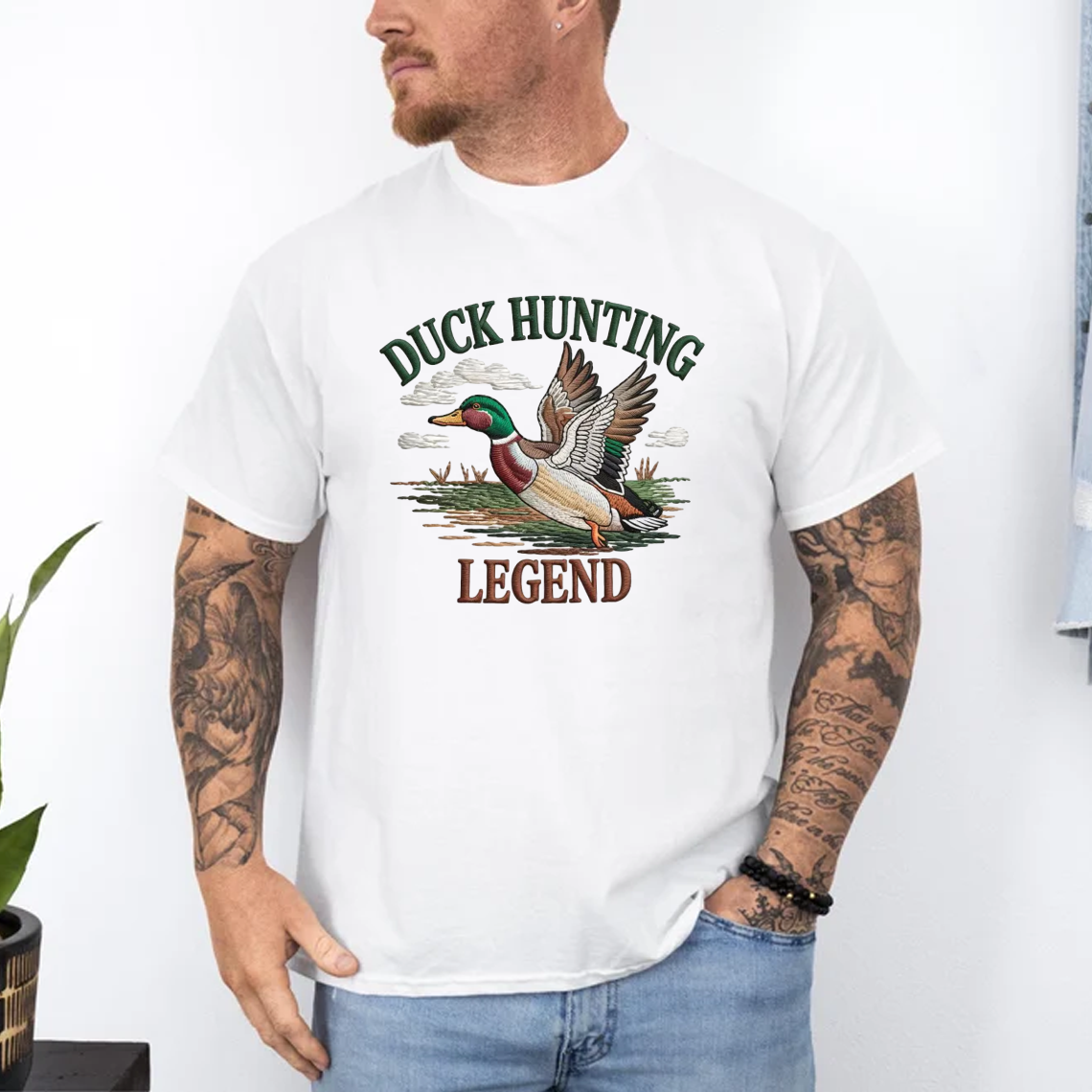Duck Hunting Legend Embroidery T-Shirt, Waterfowl Hunting Graphic Tee for Men, Outdoor Hunter Embroidered Shirt Gift