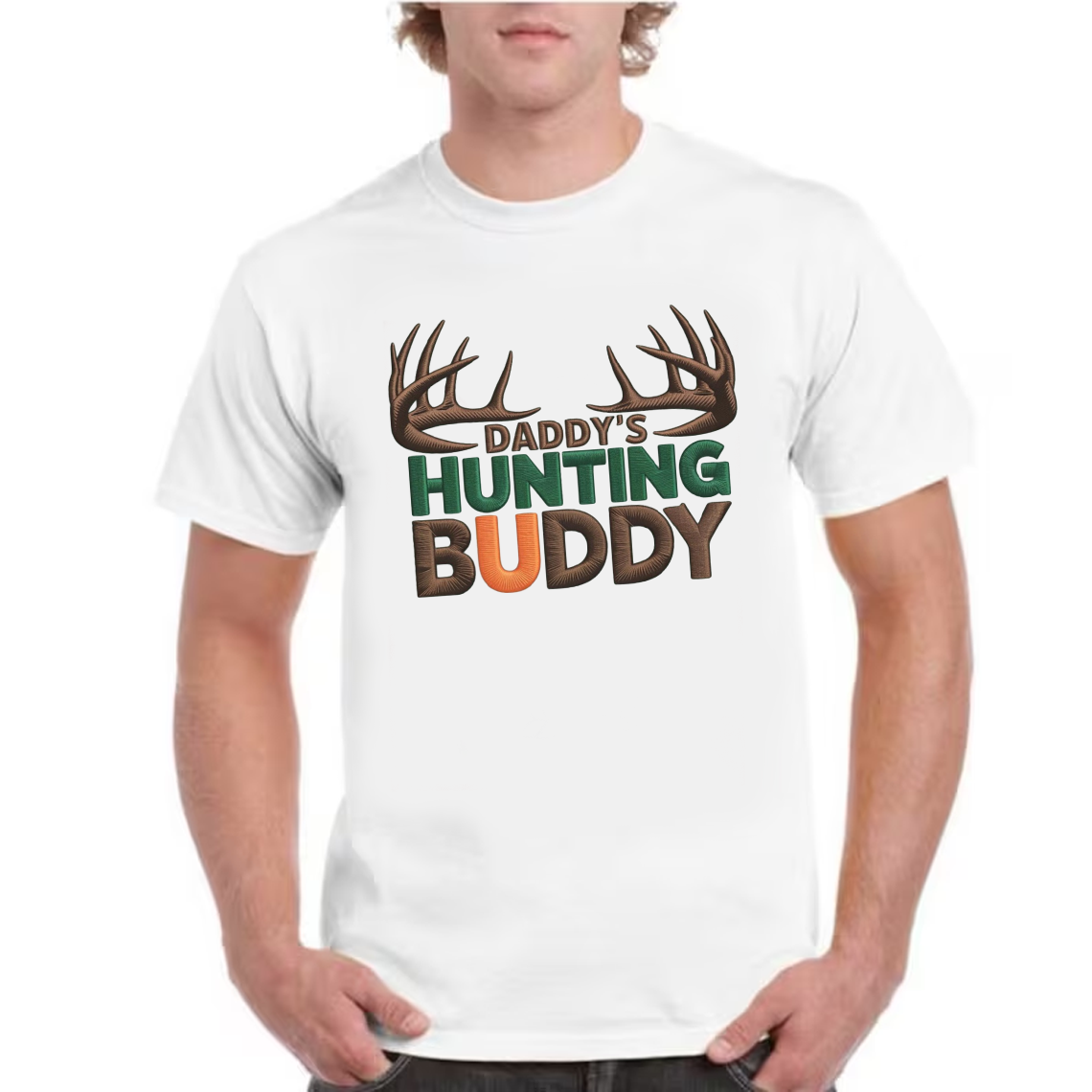 Daddy’s Hunting Buddy Embroidery T-Shirt, Deer Antler Hunting Graphic Tee, Outdoor Hunter Shirt Gift
