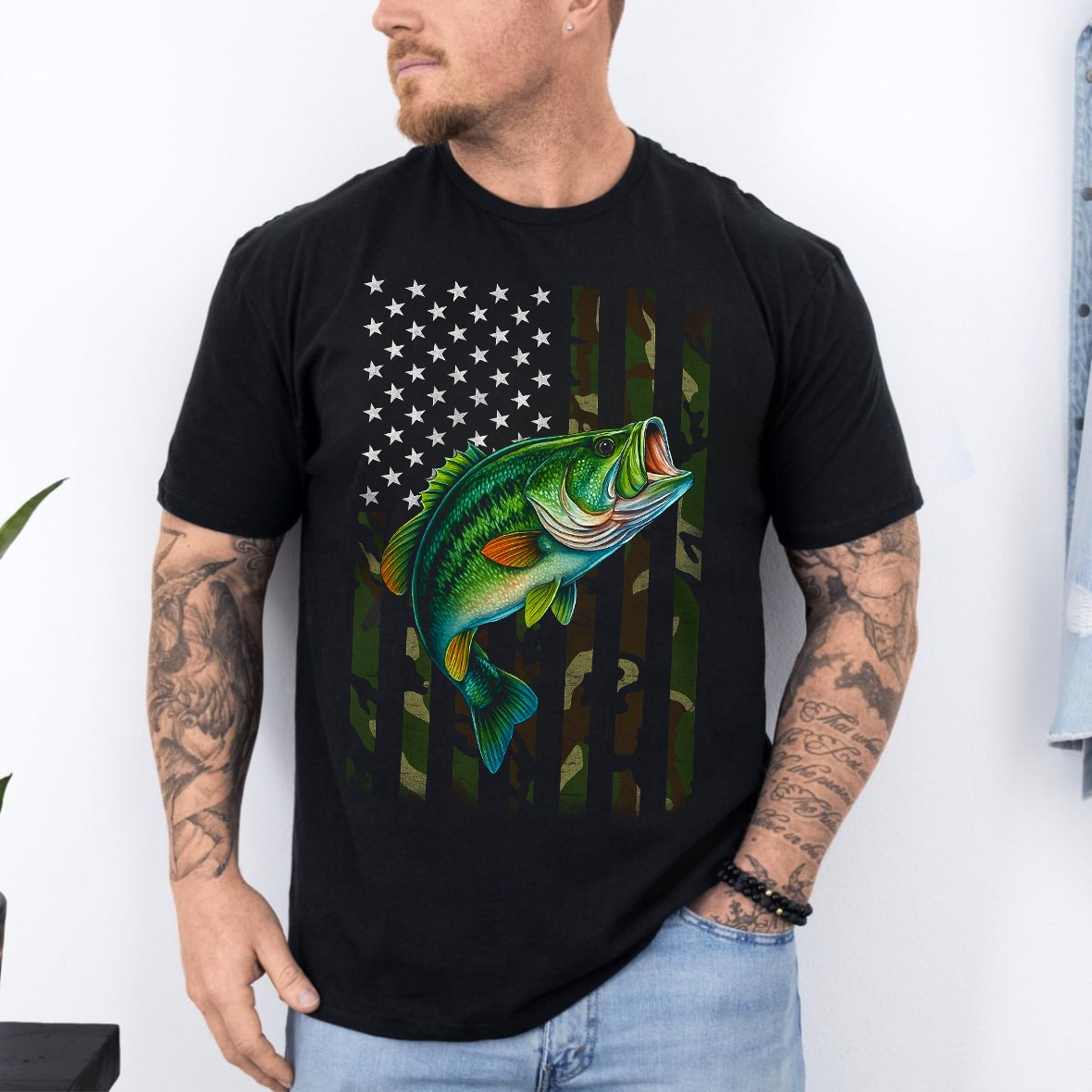 American Flag Camo Fishing T-Shirt, Patriotic Bass Fish Shirt, USA Angler Tee