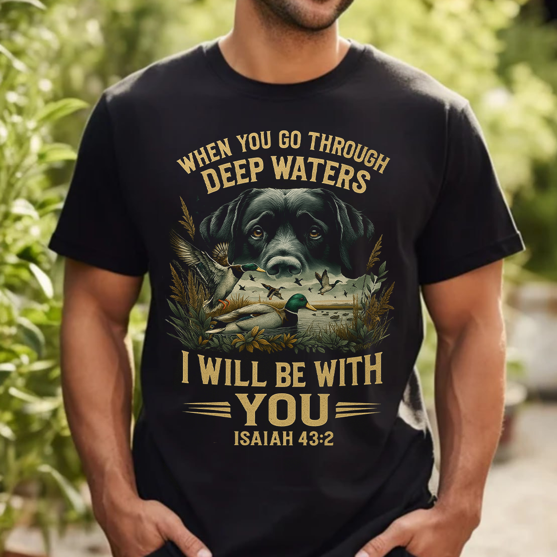 When You Go Through Deep Waters I Will Be With You T-Shirt, Isaiah 43:2 Bible Verse Christian Shirt with Dog and Duck Hunting Design