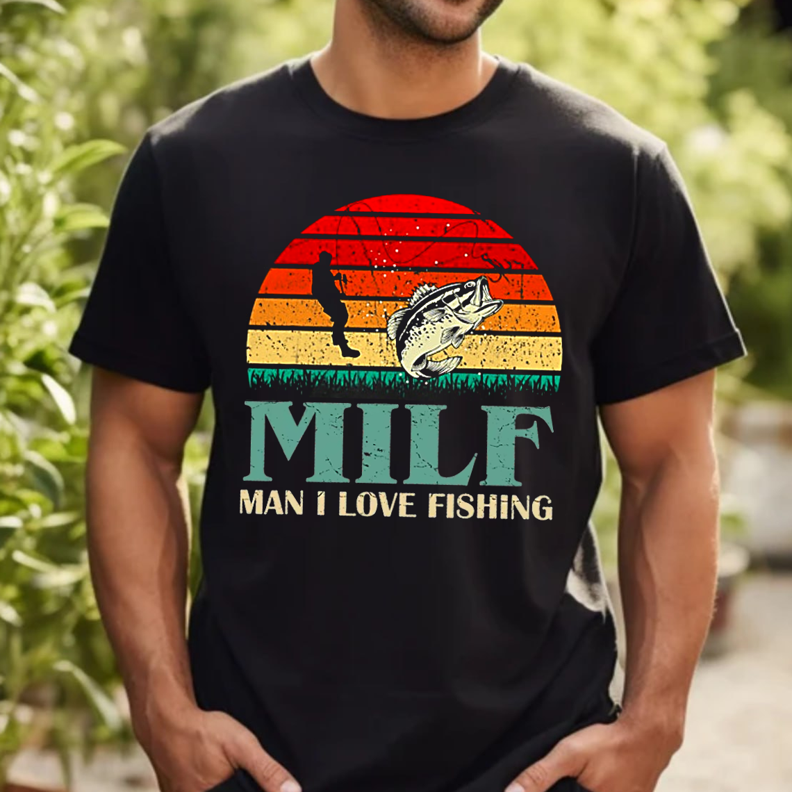 MILF Man I Love Fishing T-Shirt, Funny Bass Fishing Shirt, Retro Sunset Angler Tee, Fisherman Gift Idea