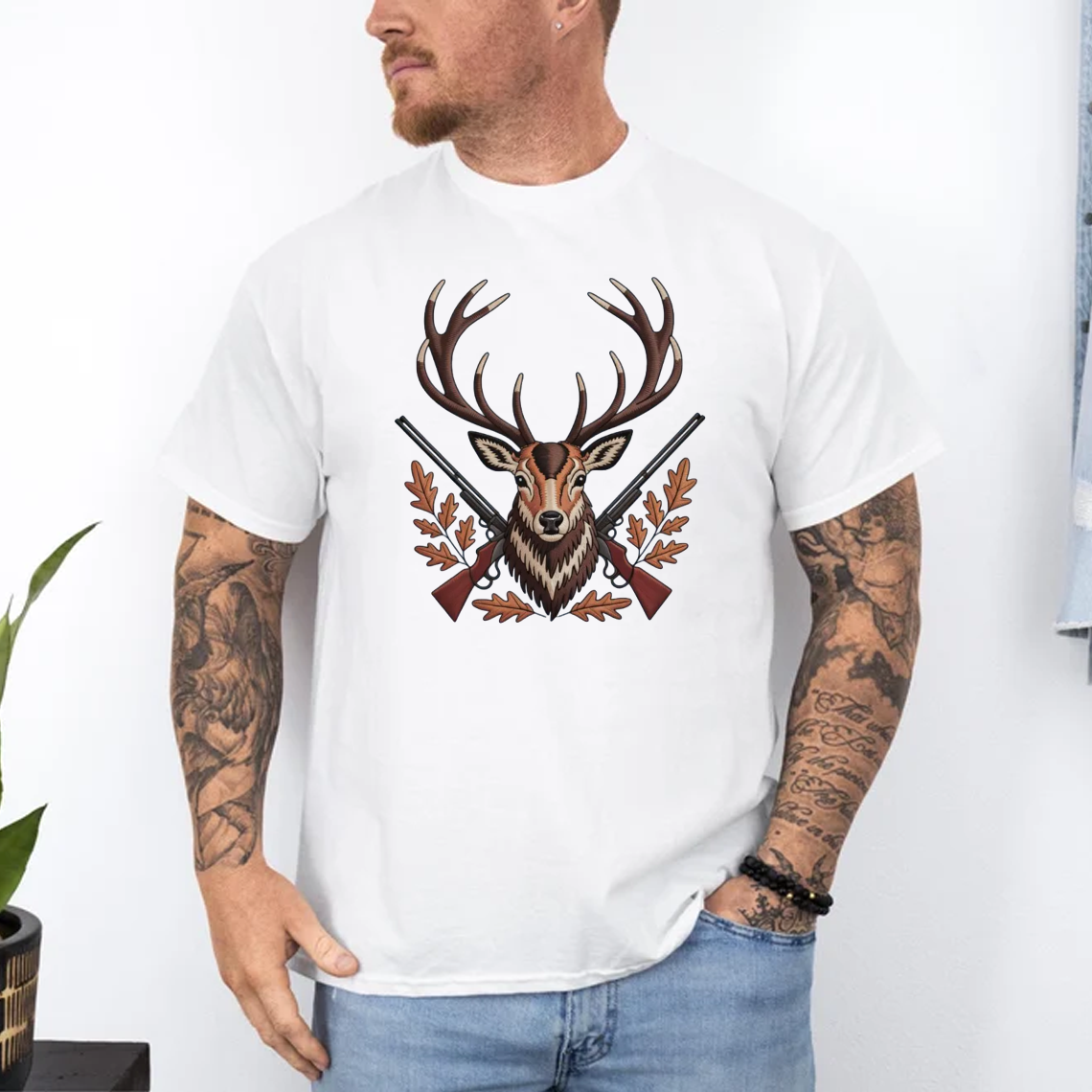 Deer Hunting Embroidery T-Shirt, Buck Head with Rifles Outdoor Hunter Graphic Tee, Wildlife Embroidered Shirt Gift