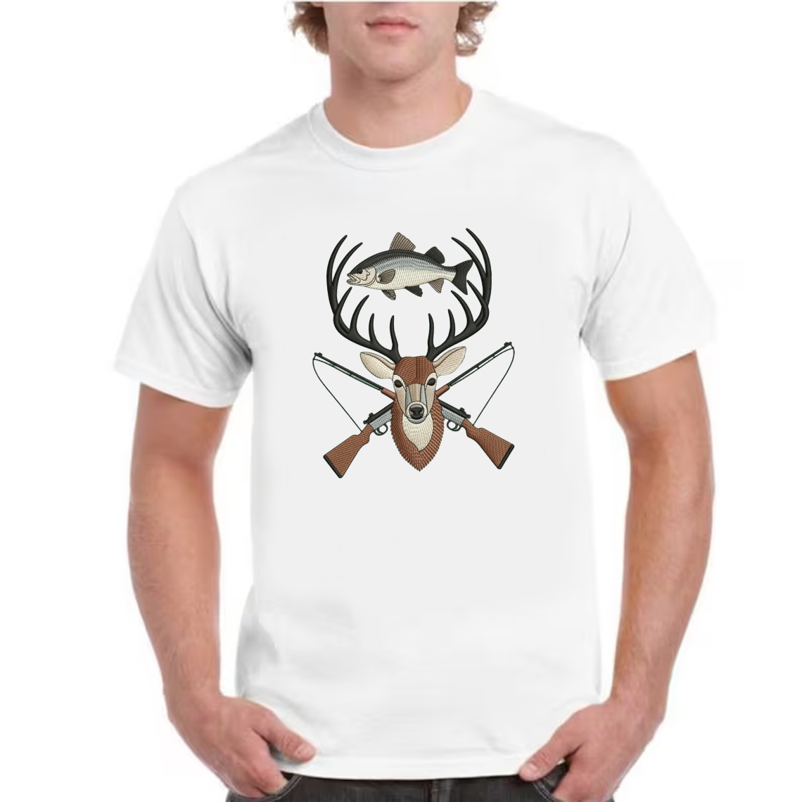 Deer and Fish Embroidery T-Shirt, Hunting and Fishing Graphic Tee, Wildlife Embroidered Shirt Gift