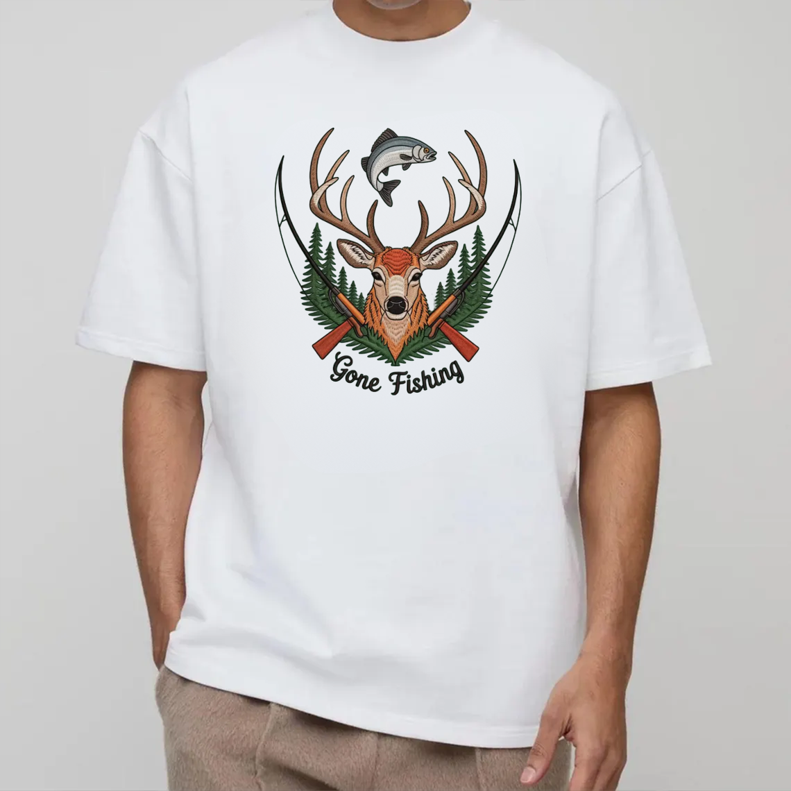 Gone Fishing Embroidery T-Shirt, Deer Buck and Fish Hunting Graphic Tee, Outdoor Wildlife Embroidered Shirt Gift
