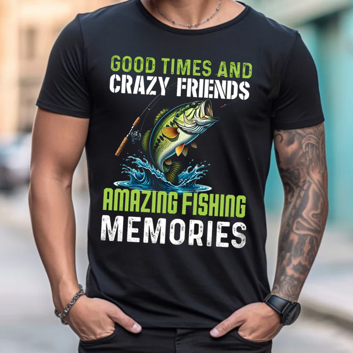 Funny Fishing T-Shirt, Good Times and Crazy Friends Amazing Fishing Memories Bass Graphic Tee Gift