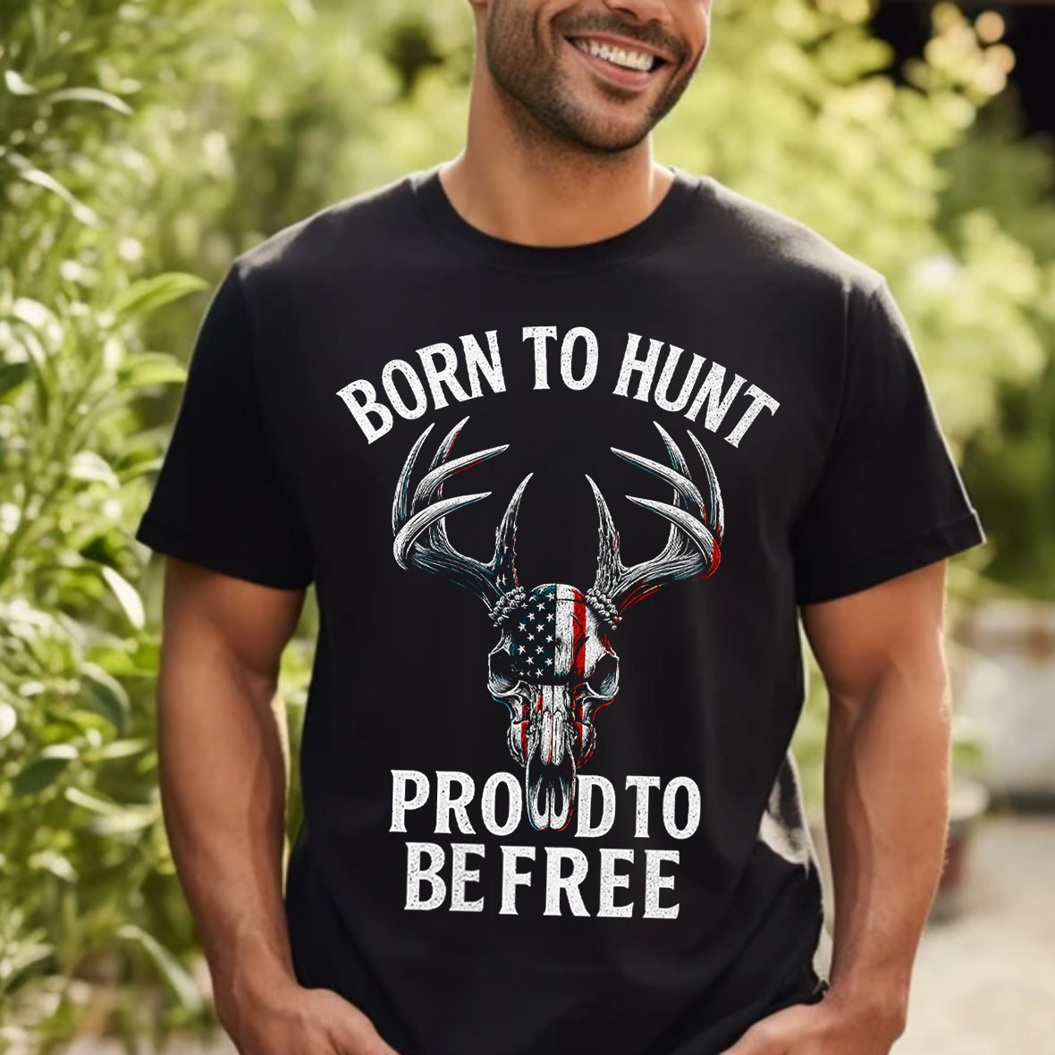 Born to Hunt Proud to Be Free T-Shirt, Patriotic Deer Skull Hunting Shirt with American Flag