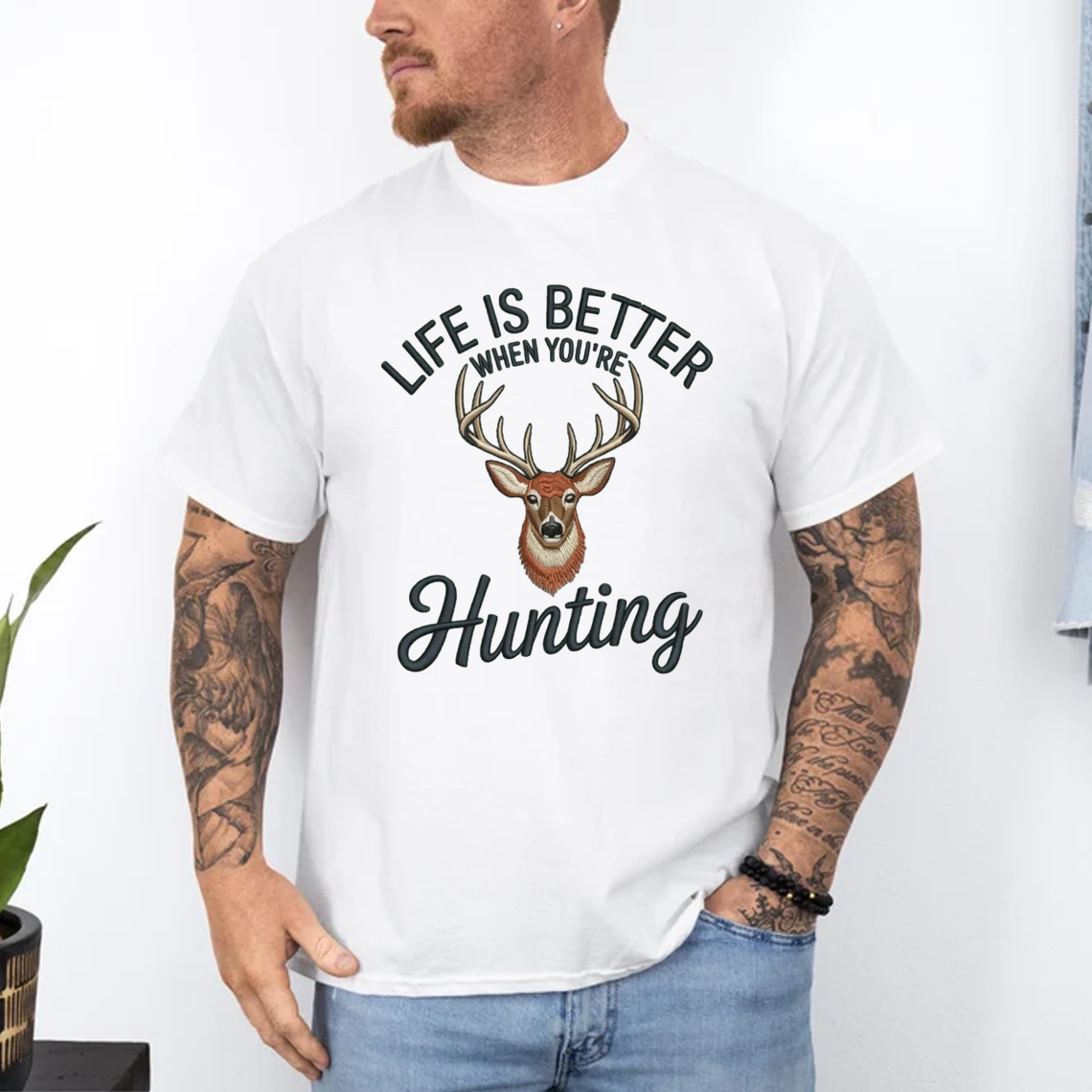 Life Is Better Hunting Embroidery T-Shirt, Deer Buck Hunting Graphic Tee for Men, Outdoor Hunter Embroidered Shirt Gift