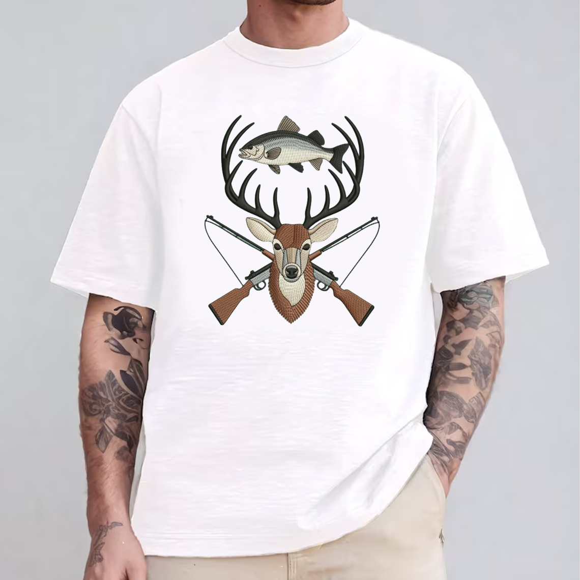 Deer and Fish Embroidery T-Shirt, Hunting and Fishing Graphic Tee, Wildlife Embroidered Shirt Gift