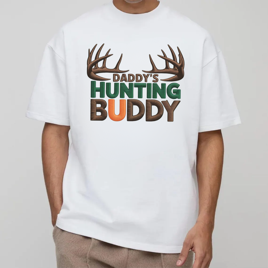 Daddy’s Hunting Buddy Embroidery T-Shirt, Deer Antler Hunting Graphic Tee, Outdoor Hunter Shirt Gift
