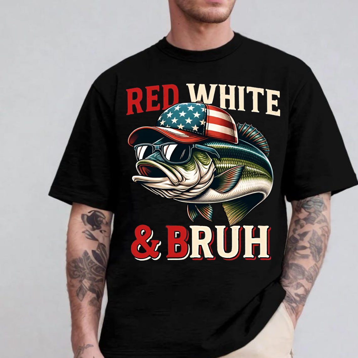Red White & Bruh T-Shirt, Funny Patriotic Fishing Shirt, American Flag Bass Fishing Tee