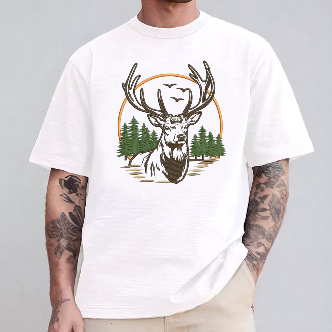 Deer Embroidery T-Shirt, Hunting Buck Graphic Tee, Outdoor Wildlife Embroidered Shirt Gift