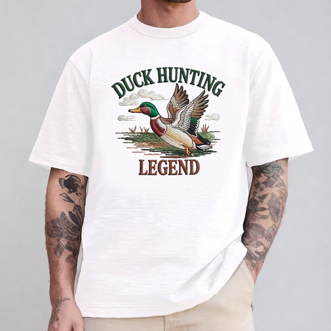 Duck Hunting Legend Embroidery T-Shirt, Waterfowl Hunting Graphic Tee for Men, Outdoor Hunter Embroidered Shirt Gift