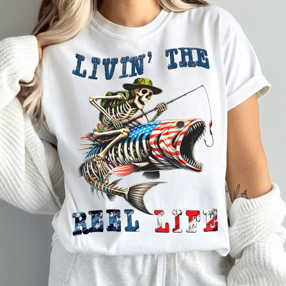 Livin' The Reel Life Skeleton Fishing T-Shirt, Funny Fishing Apparel, Patriotic Fishing Tee