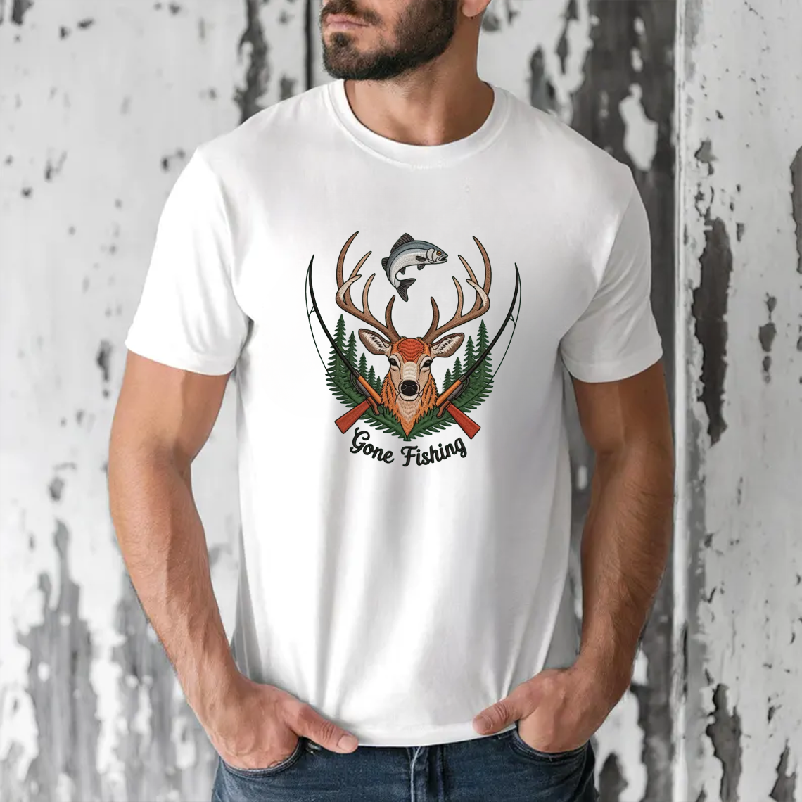 Gone Fishing Embroidery T-Shirt, Deer Buck and Fish Hunting Graphic Tee, Outdoor Wildlife Embroidered Shirt Gift