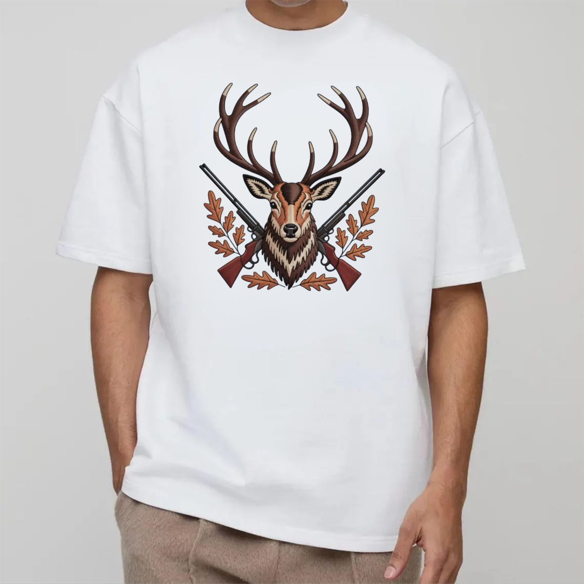 Deer Hunting Embroidery T-Shirt, Buck Head with Rifles Outdoor Hunter Graphic Tee, Wildlife Embroidered Shirt Gift