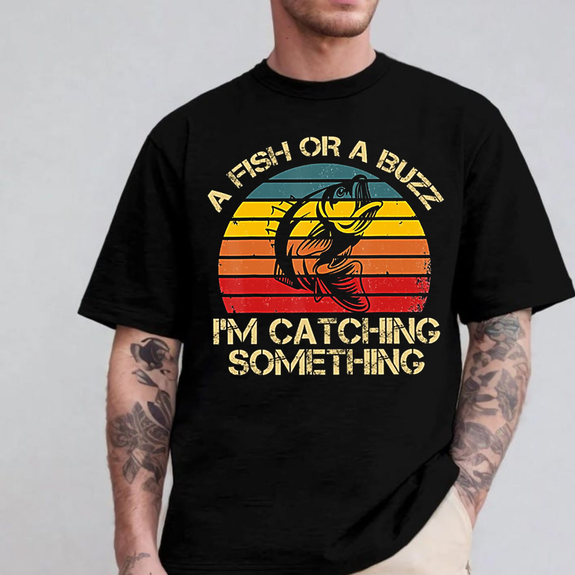 Funny Fishing T-Shirt, A Fish or a Buzz I’m Catching Something Retro Vintage Bass Graphic Tee Gift