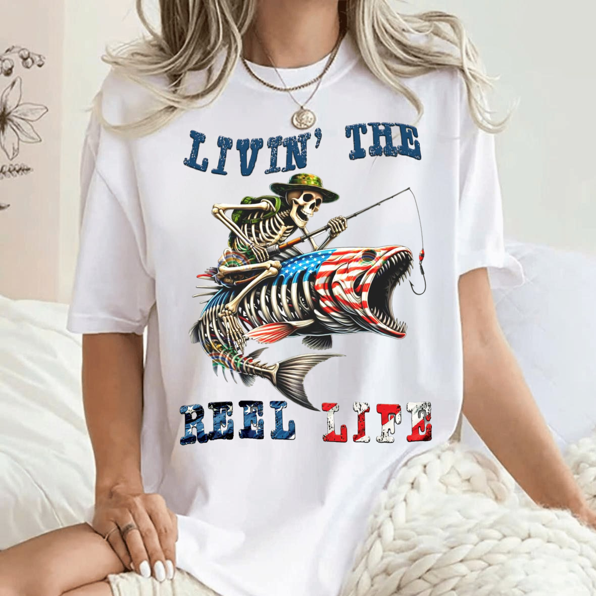 Livin' The Reel Life Skeleton Fishing T-Shirt, Funny Fishing Apparel, Patriotic Fishing Tee
