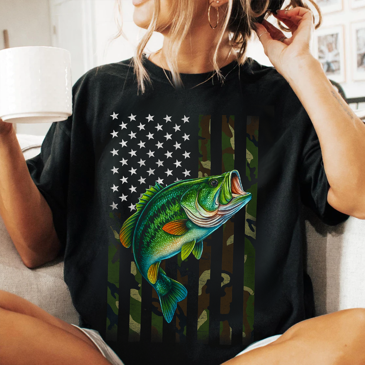 American Flag Camo Fishing T-Shirt, Patriotic Bass Fish Shirt, USA Angler Tee