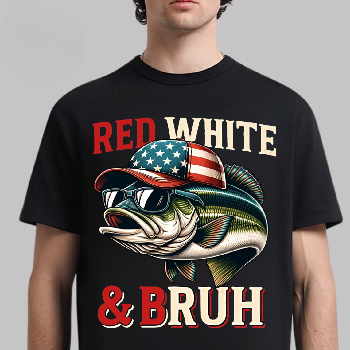 Red White & Bruh T-Shirt, Funny Patriotic Fishing Shirt, American Flag Bass Fishing Tee