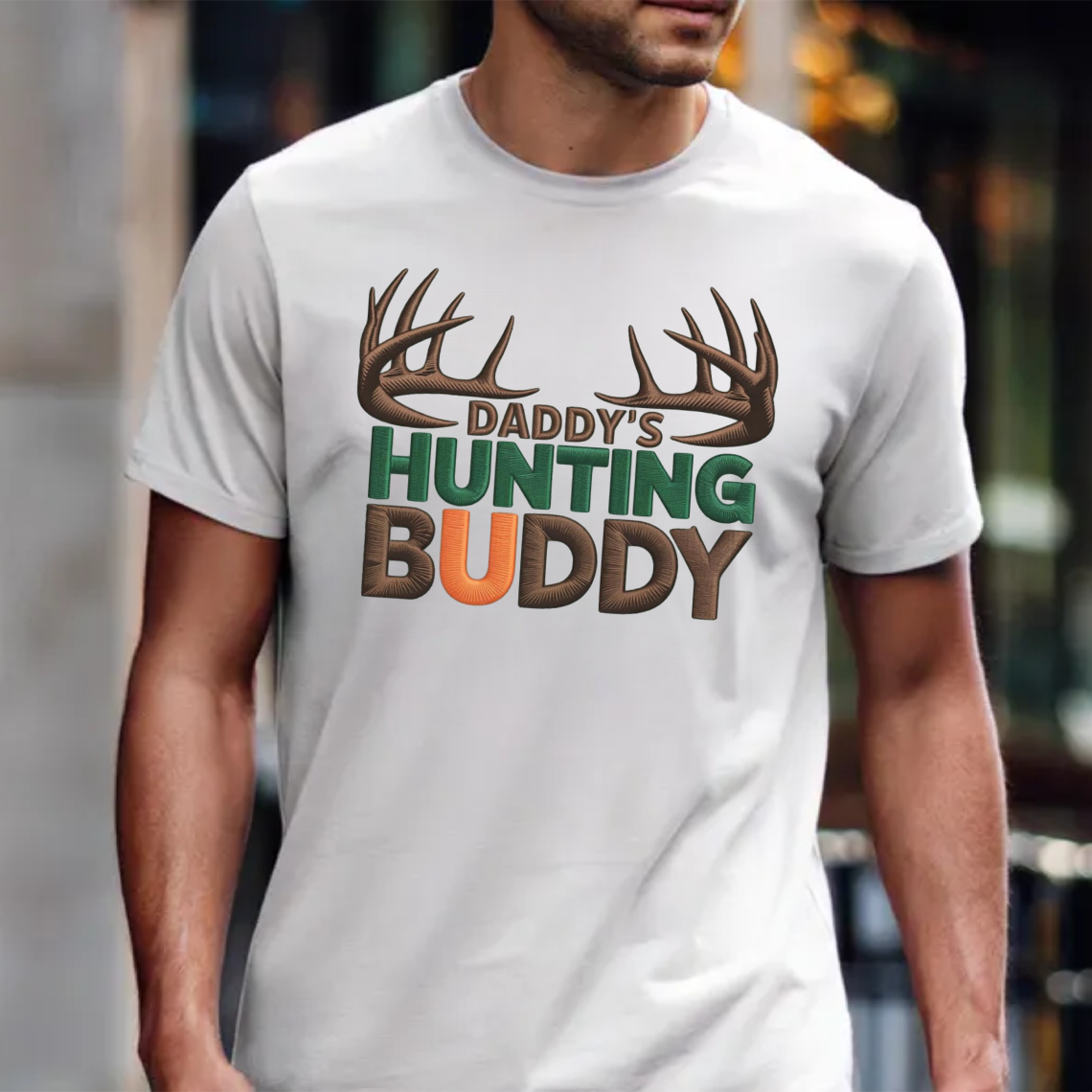 Daddy’s Hunting Buddy Embroidery T-Shirt, Deer Antler Hunting Graphic Tee, Outdoor Hunter Shirt Gift