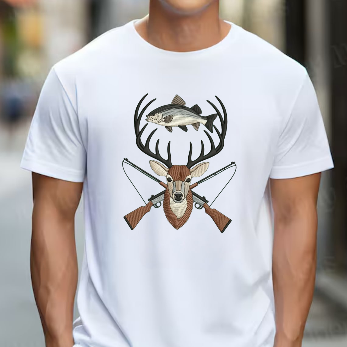 Deer and Fish Embroidery T-Shirt, Hunting and Fishing Graphic Tee, Wildlife Embroidered Shirt Gift