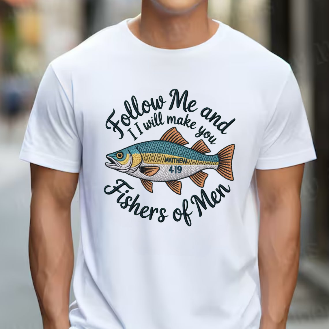 Christian Embroidery T-Shirt, Follow Me and I Will Make You Fishers of Men Shirt, Matthew 4:19 Bible Verse Tee