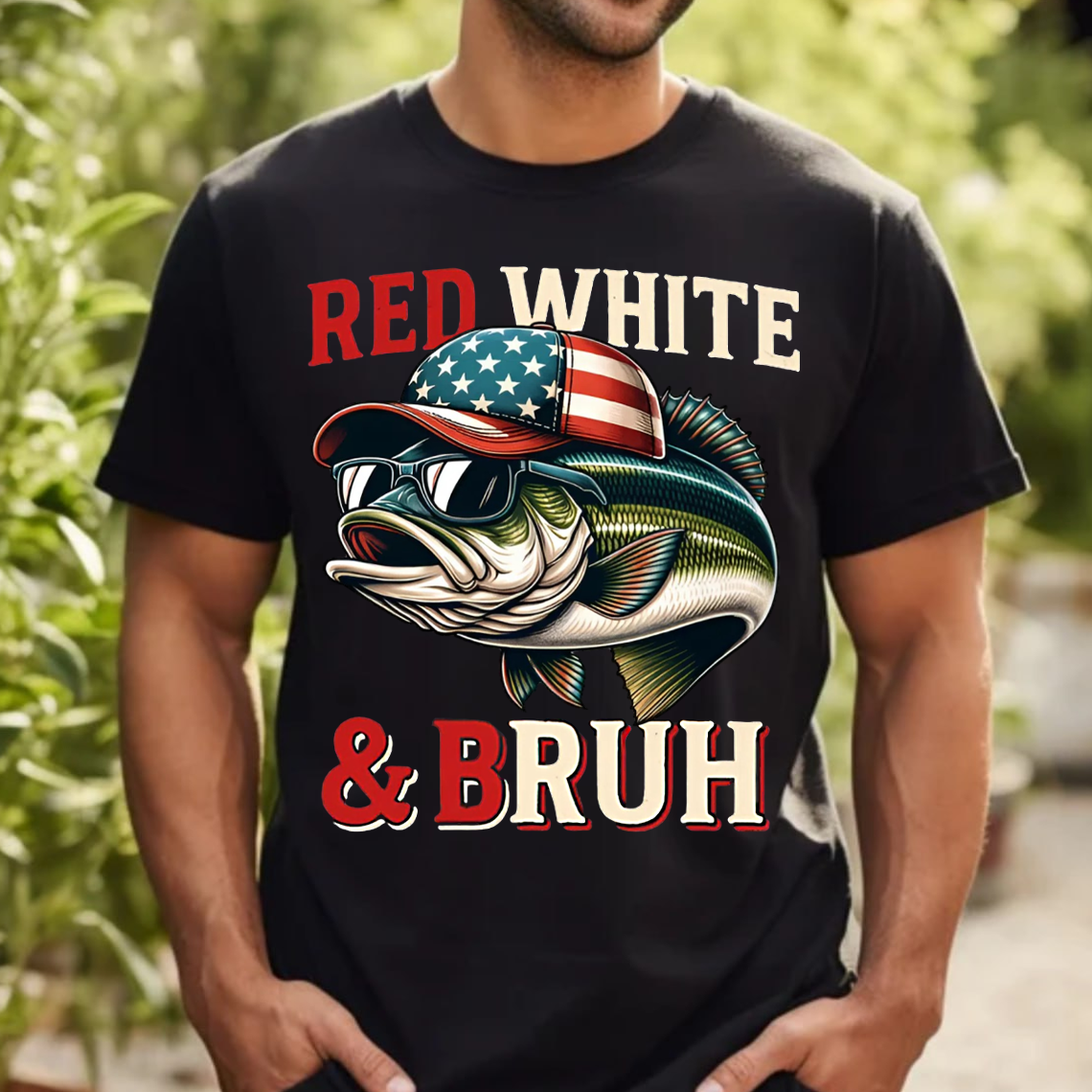 Red White & Bruh T-Shirt, Funny Patriotic Fishing Shirt, American Flag Bass Fishing Tee