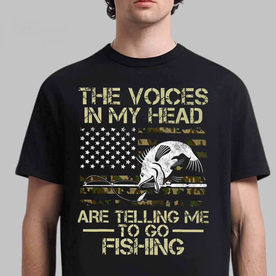 Funny Fishing T-Shirt for Men, The Voices in My Head Are Telling Me to Go Fishing Shirt, Bass Fish American Flag Tee