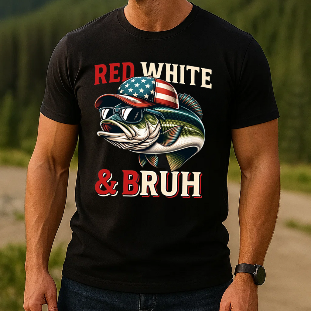 Red White & Bruh T-Shirt, Funny Patriotic Fishing Shirt, American Flag Bass Fishing Tee