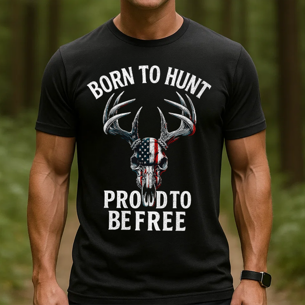 Born to Hunt Proud to Be Free T-Shirt, Patriotic Deer Skull Hunting Shirt with American Flag