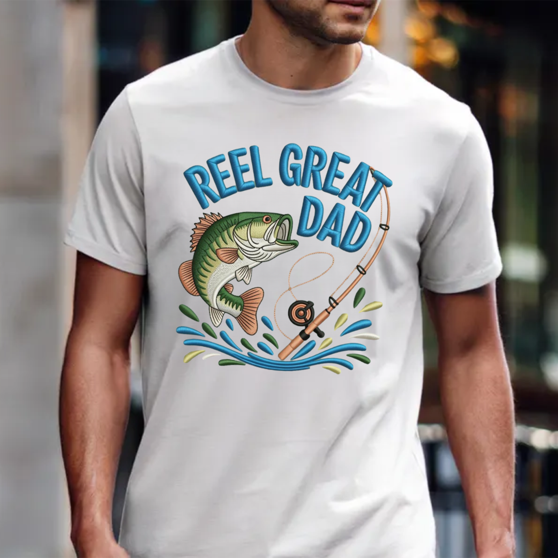 Reel Great Dad Embroidery T-Shirt, Funny Fishing Bass Graphic Tee, Fisherman Embroidered Shirt Gift