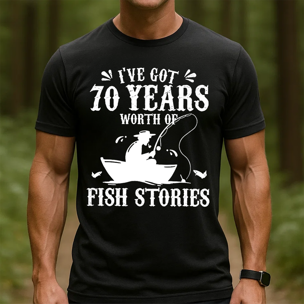 70 Years Worth of Fish Stories T-Shirt, Funny 70th Birthday Fishing Shirt, Fisherman Grandpa Gift Tee