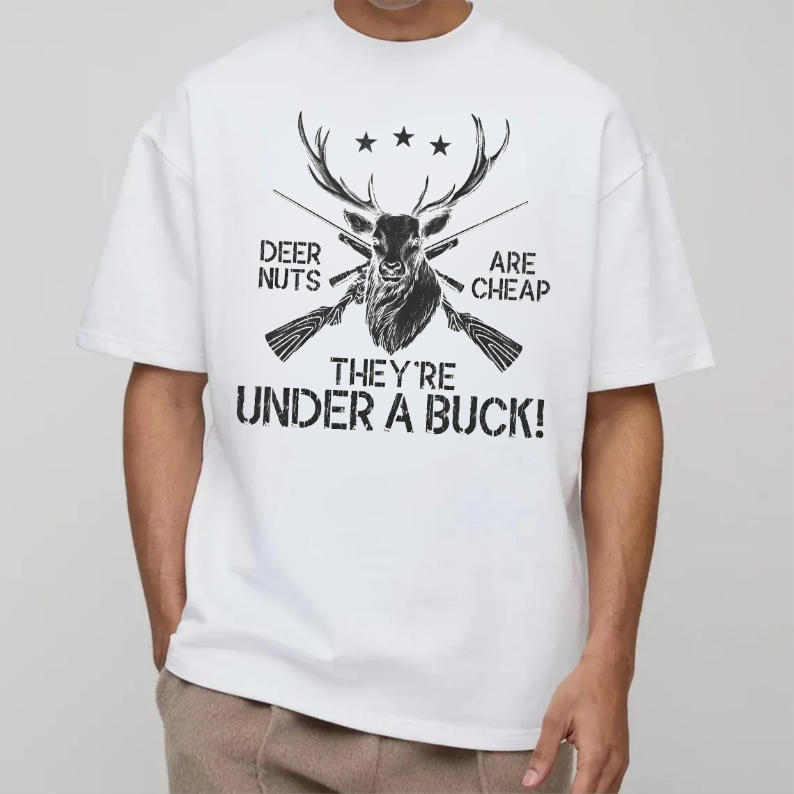 Funny Deer Hunting T-Shirt, Deer Nuts Are Cheap Under a Buck Shirt, Buck Hunter Joke Graphic Tee Gift