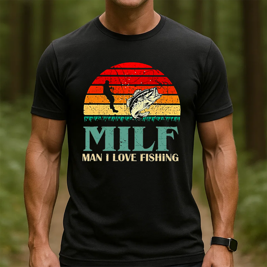 MILF Man I Love Fishing T-Shirt, Funny Bass Fishing Shirt, Retro Sunset Angler Tee, Fisherman Gift Idea