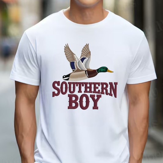 Southern Boy Embroidery T-Shirt, Duck Hunting Graphic Tee, Mallard Waterfowl Outdoor Embroidered Shirt Gift