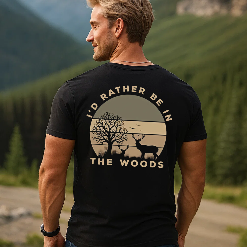 I'd Rather Be in The Woods T-Shirt, Funny Deer Hunting Shirt for Outdoorsmen, Nature & Camping Lovers