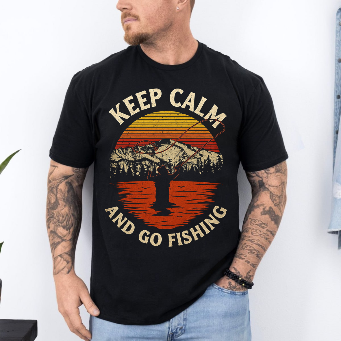 Keep Calm and Go Fishing T-Shirt, Retro Sunset Fisherman Shirt, Funny Angler Tee