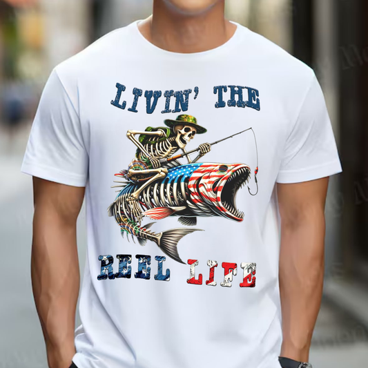 Livin' The Reel Life Skeleton Fishing T-Shirt, Funny Fishing Apparel, Patriotic Fishing Tee